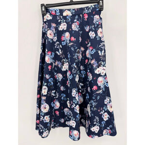 Navy Blue Satin A Line Skirt Flowers Squirrels Birds Butterflies Novelty Small